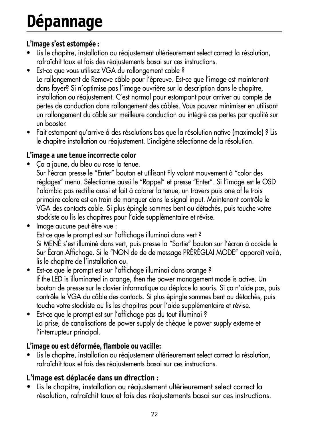 NEC LCD1700M user manual Dépannage, ’image s’est estompée 