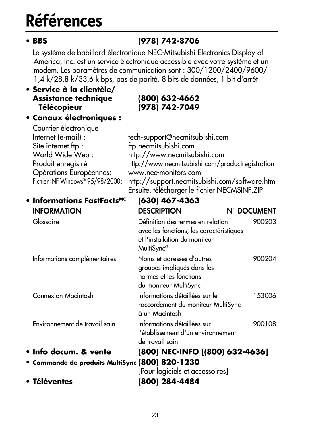 NEC LCD1700M user manual Références, Informations FastFactsMC 630, Info docum. & vente NEC-INFO 800, Téléventes 800 