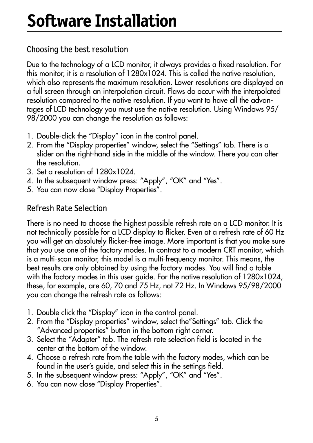 NEC LCD1700M user manual Software Installation, Choosing the best resolution 