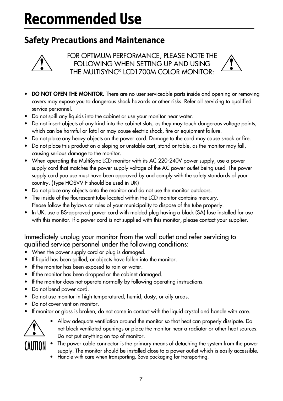 NEC LCD1700M user manual Recommended Use, Safety Precautions and Maintenance 