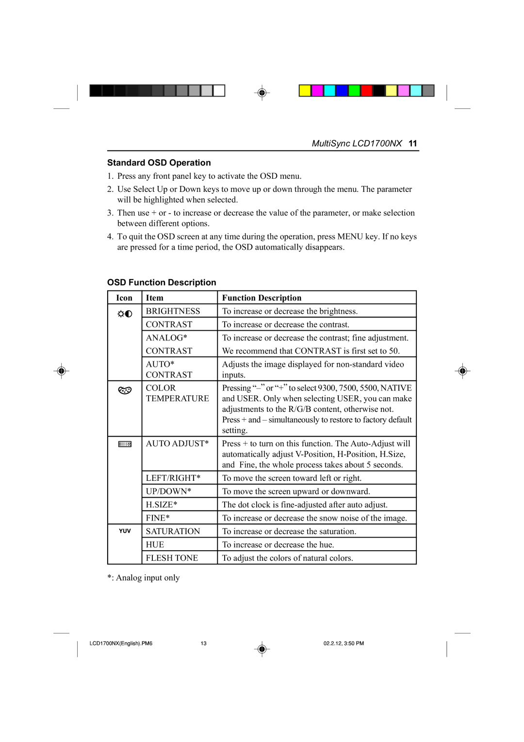 NEC LCD1700NX manual Standard OSD Operation, OSD Function Description, Icon Function Description 