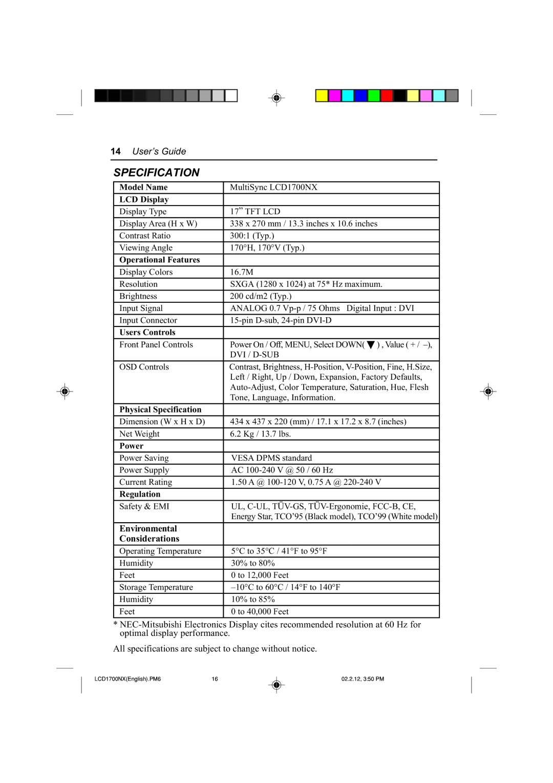 NEC LCD1700NX manual Specification 