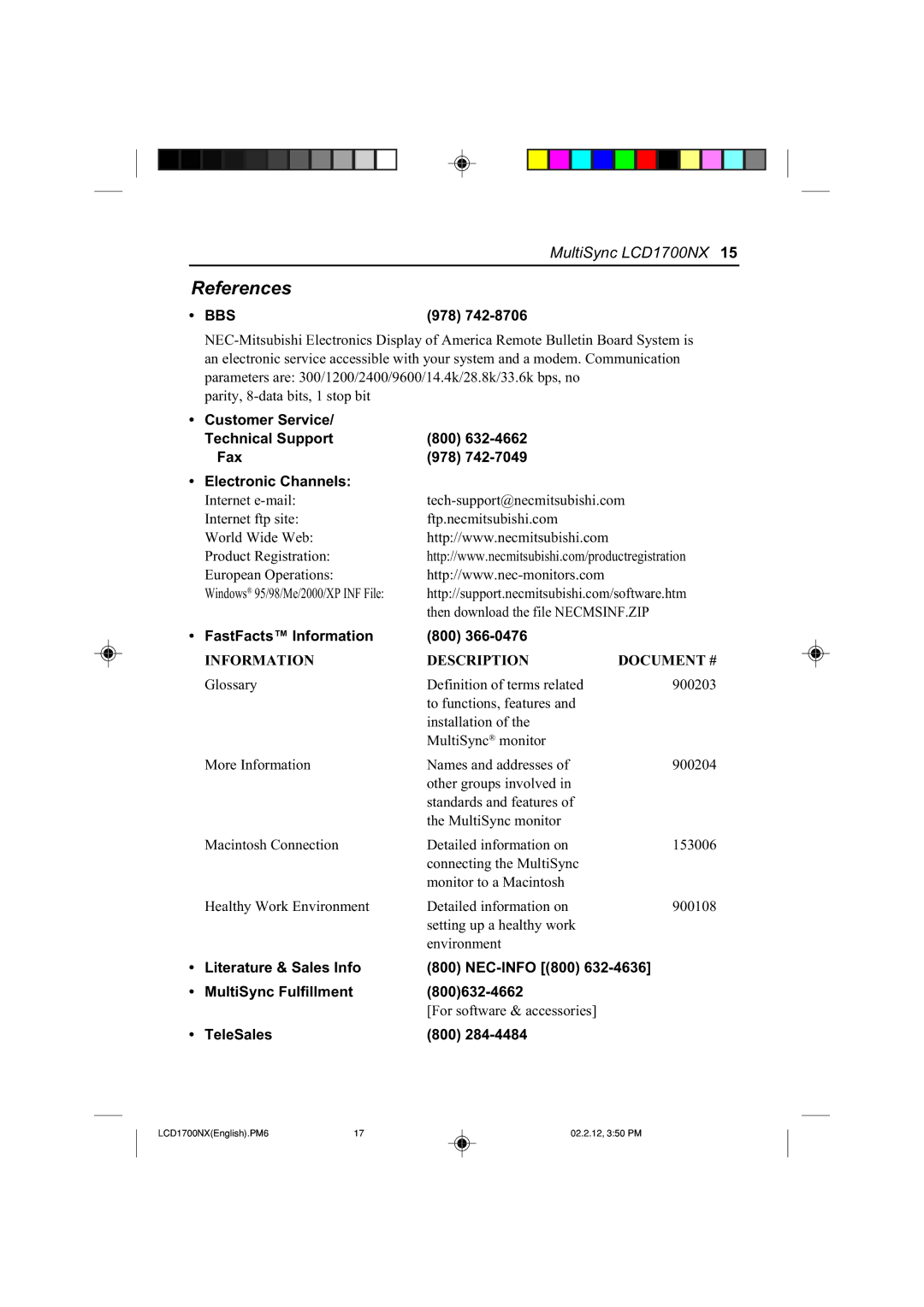 NEC LCD1700NX manual References 