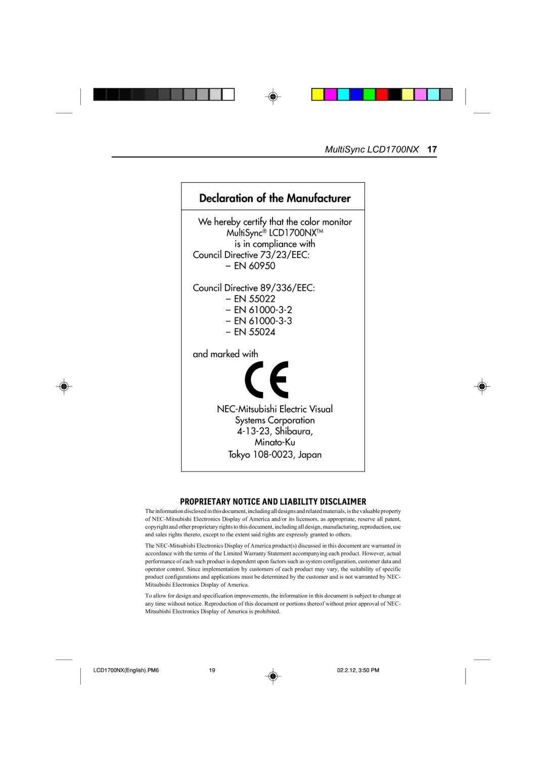 NEC LCD1700NX manual Declaration of the Manufacturer 