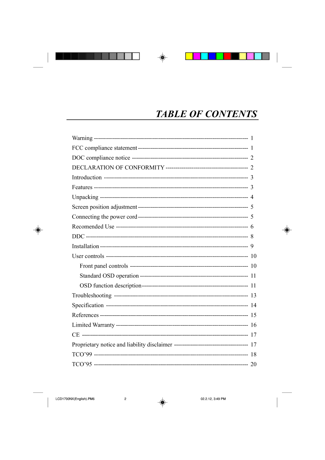 NEC LCD1700NX manual Table of Contents 