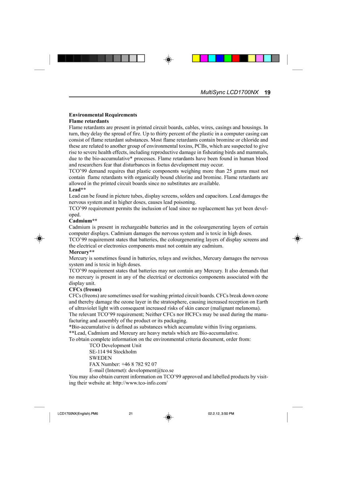 NEC LCD1700NX manual Environmental Requirements Flame retardants, Lead, Cadmium, Mercury, CFCs freons 