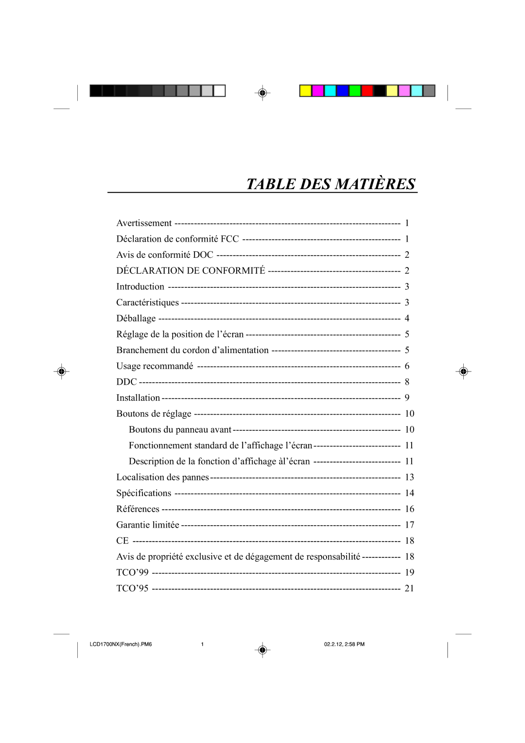 NEC LCD1700NX manual Table DES Matières 