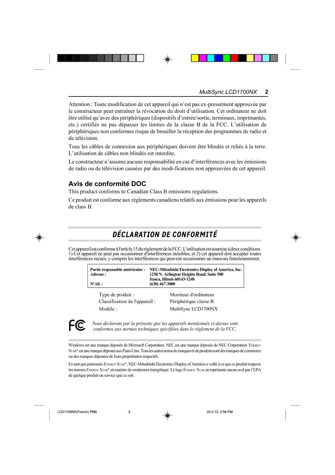 NEC LCD1700NX manual Déclaration DE Conformité 