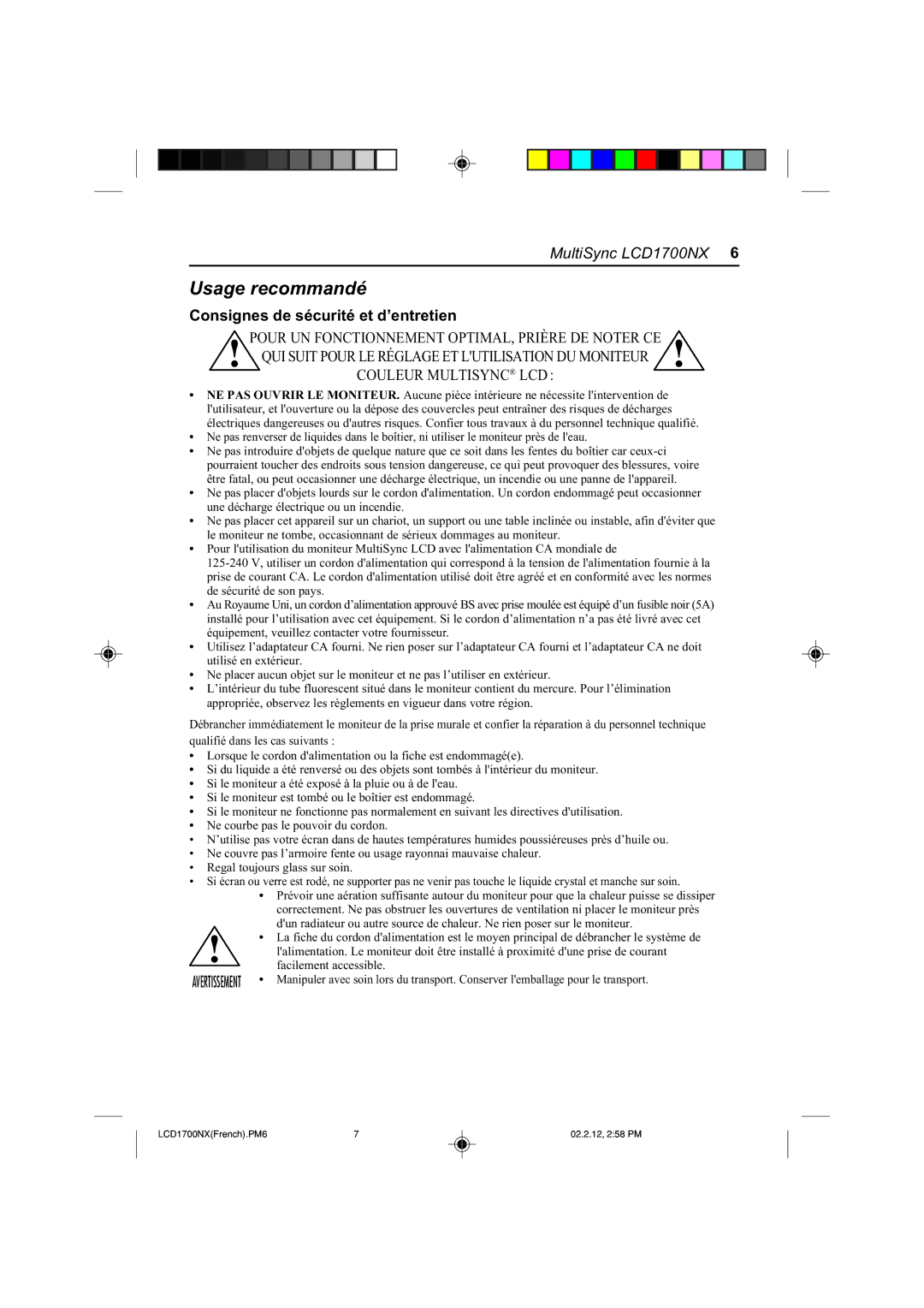 NEC LCD1700NX manual Usage recommandé, Consignes de sécurité et d’entretien 