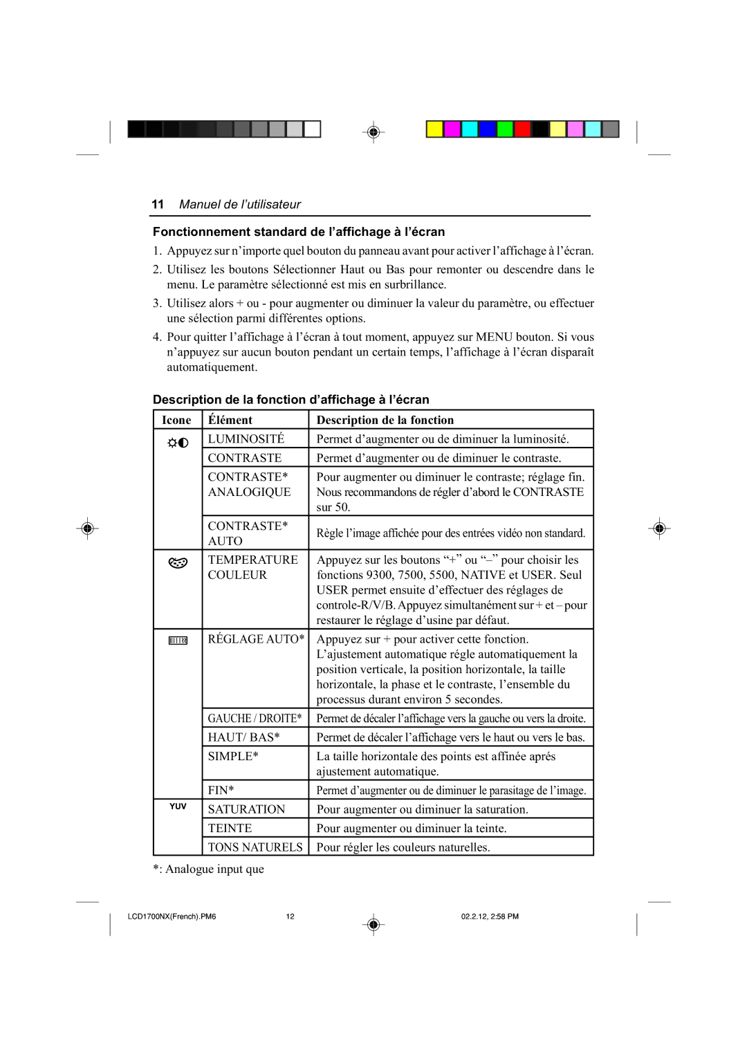 NEC LCD1700NX manual Fonctionnement standard de l’affichage à l’écran, Description de la fonction d’affichage à l’écran 