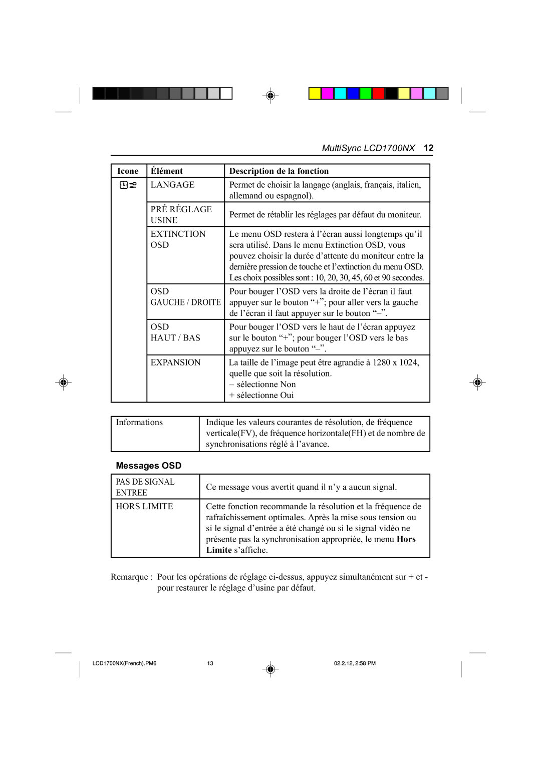 NEC LCD1700NX manual Messages OSD 