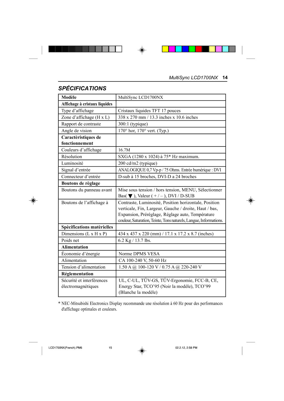 NEC LCD1700NX manual Spécifications 