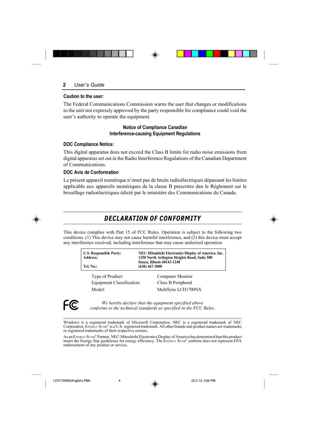 NEC LCD1700NX manual User’s Guide, DOC Avis de Conformation 