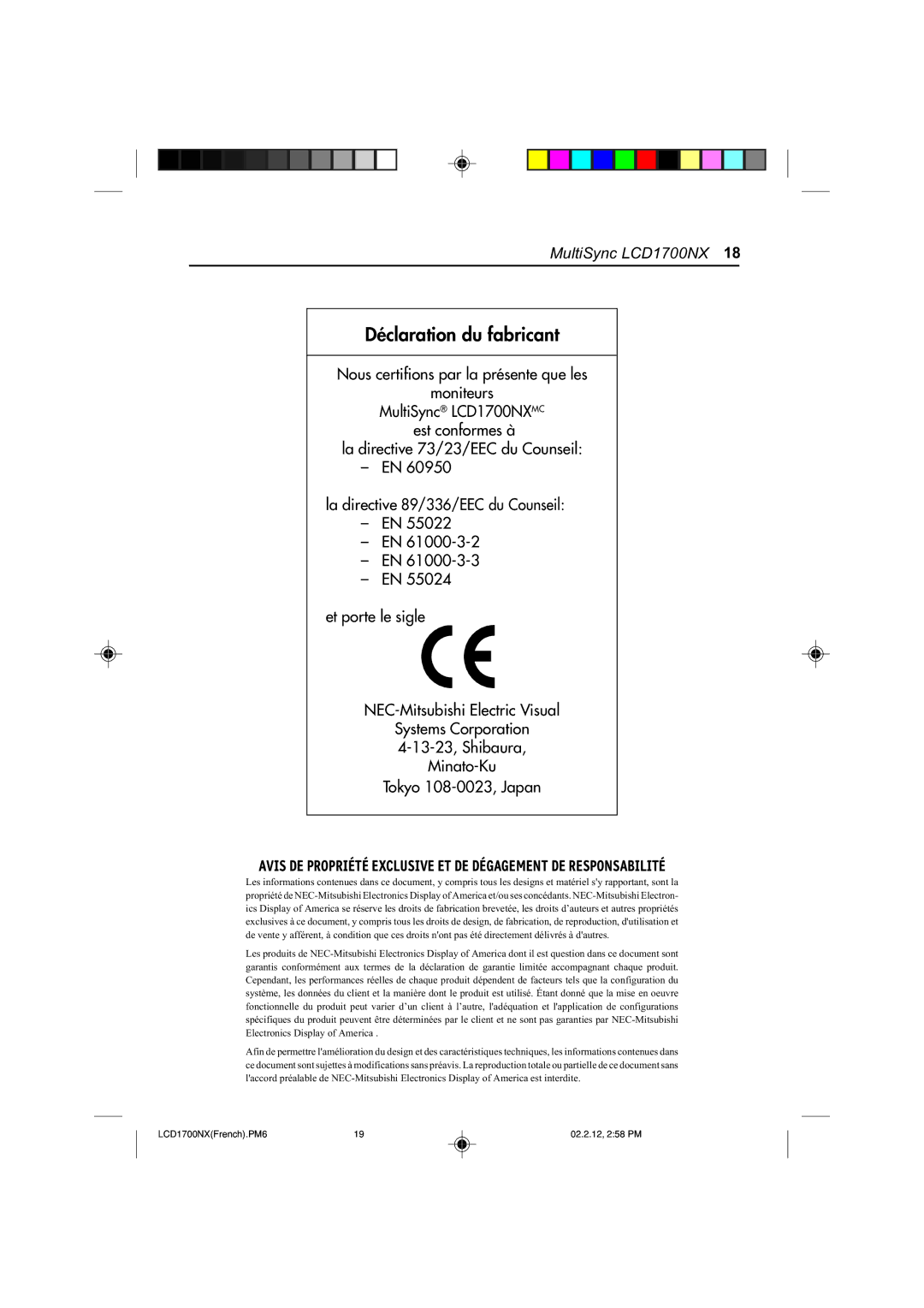 NEC LCD1700NX manual Déclaration du fabricant 