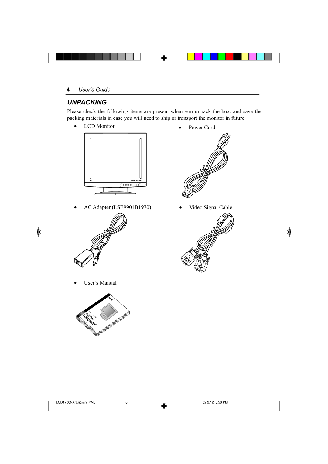 NEC LCD1700NX manual Unpacking 