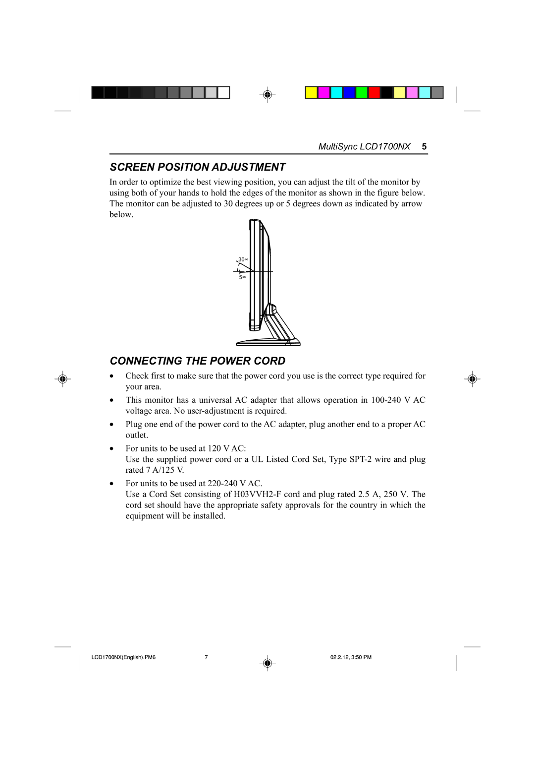 NEC LCD1700NX manual Screen Position Adjustment, Connecting the Power Cord 