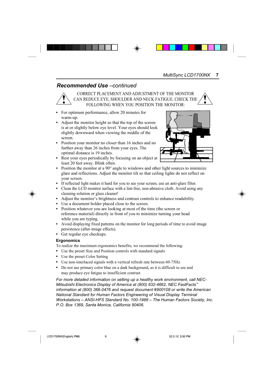 NEC LCD1700NX manual Ergonomics 