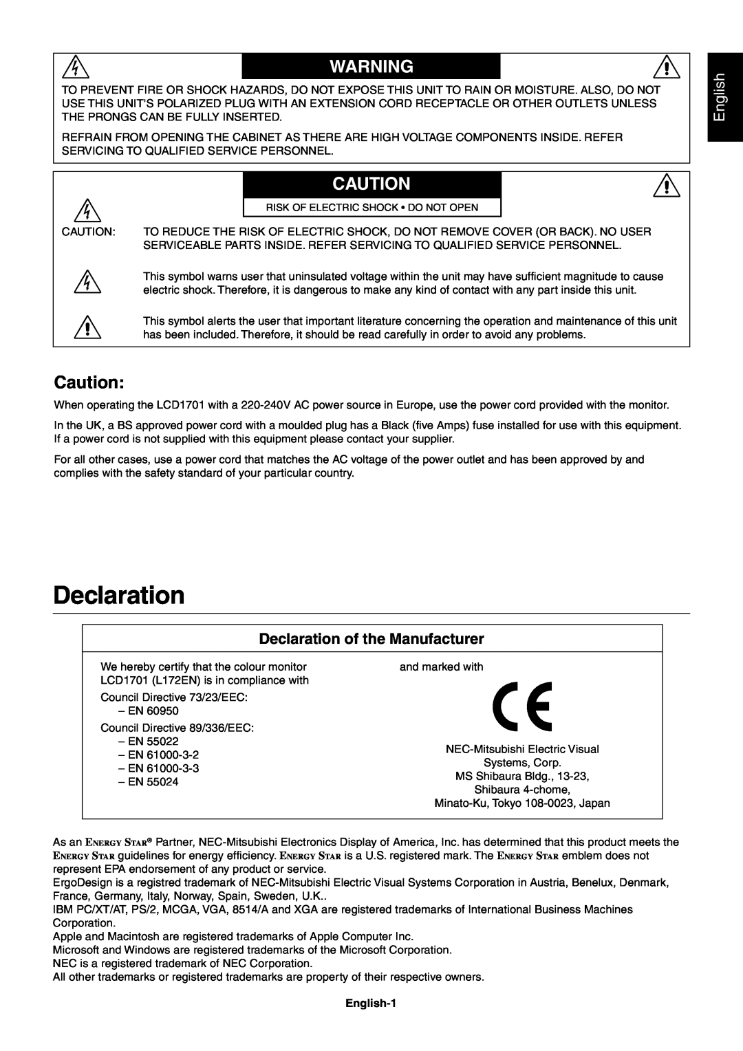 NEC LCD1701 user manual English, Declaration of the Manufacturer 