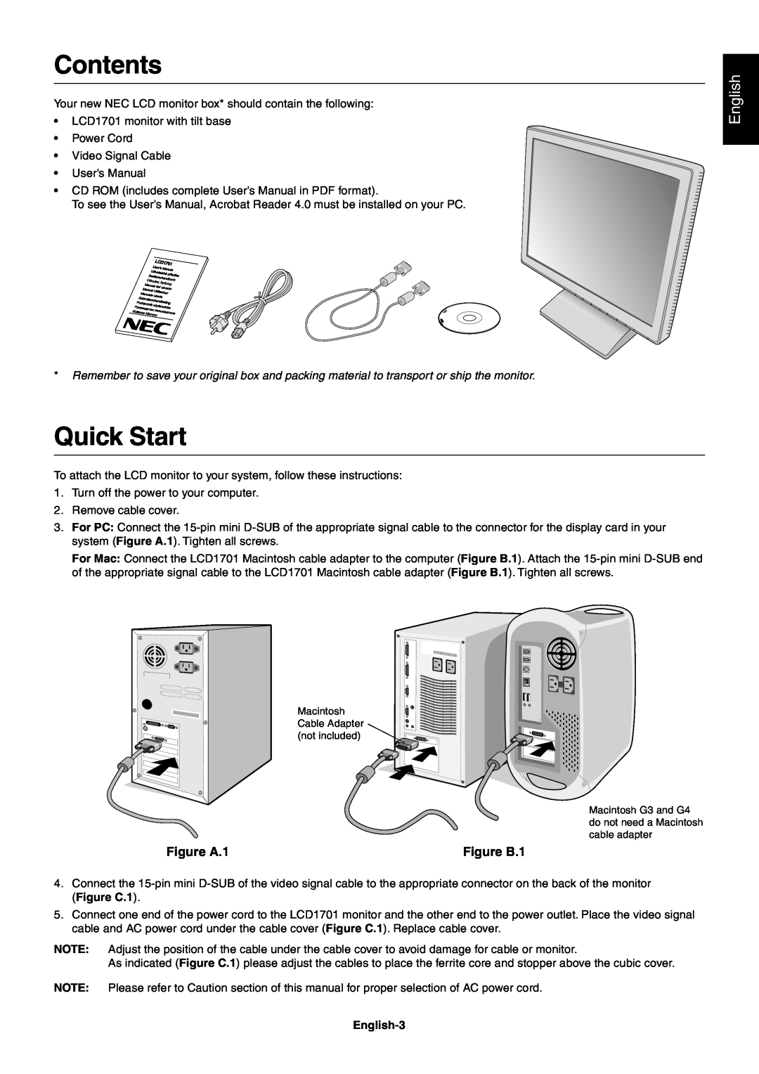 NEC LCD1701 user manual Contents, Quick Start, Figure A.1, Figure B.1, English 