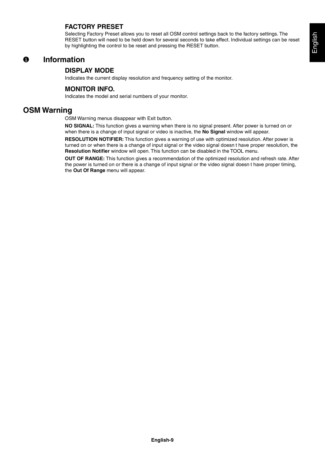 NEC LCD1701 user manual Information, OSM Warning, Factory Preset, Display Mode, Monitor Info 