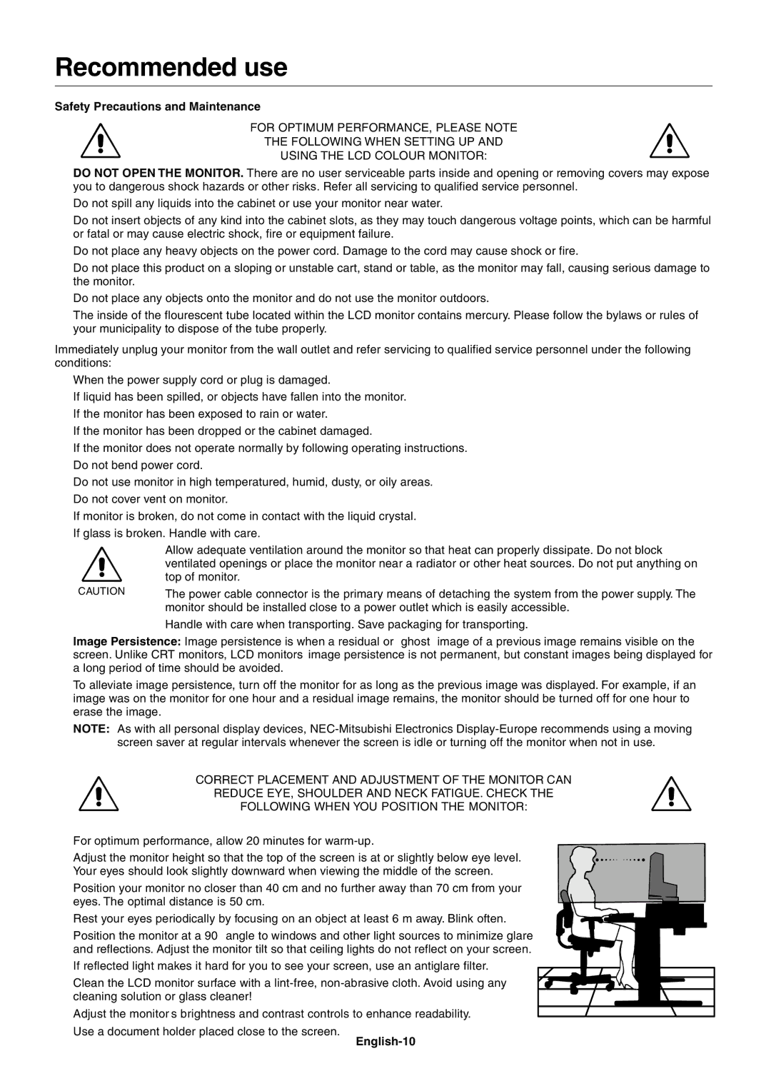 NEC LCD1701 user manual Recommended use, Safety Precautions and Maintenance, English-10 