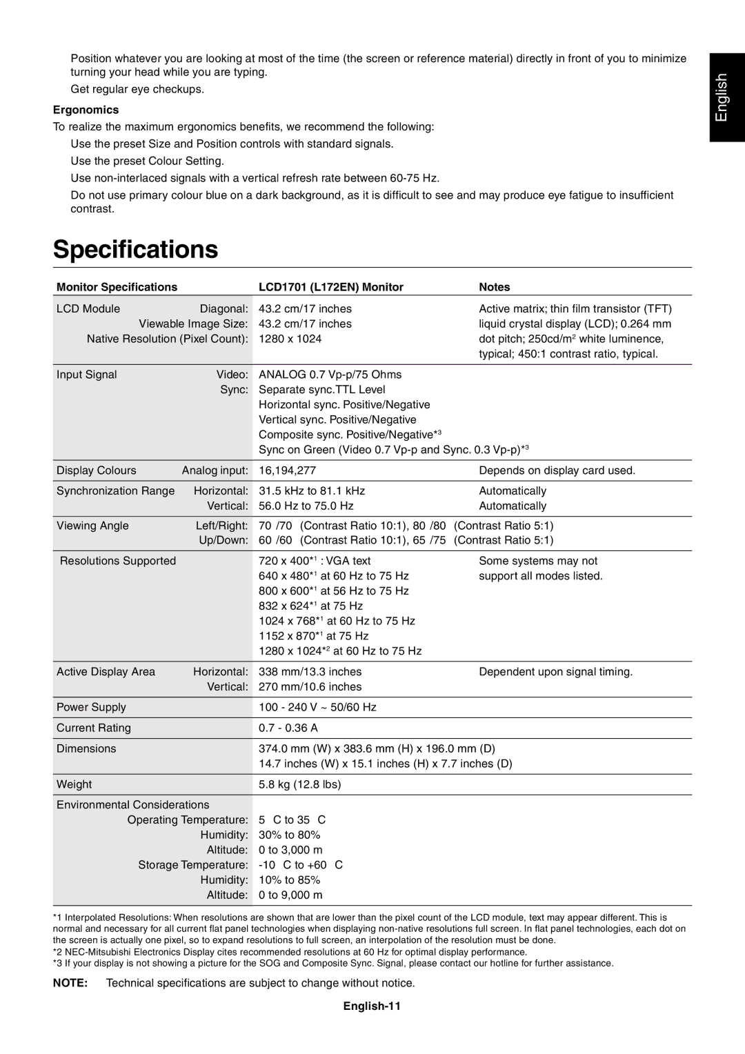 NEC user manual Ergonomics, Monitor Specifications LCD1701 L172EN Monitor, English-11 