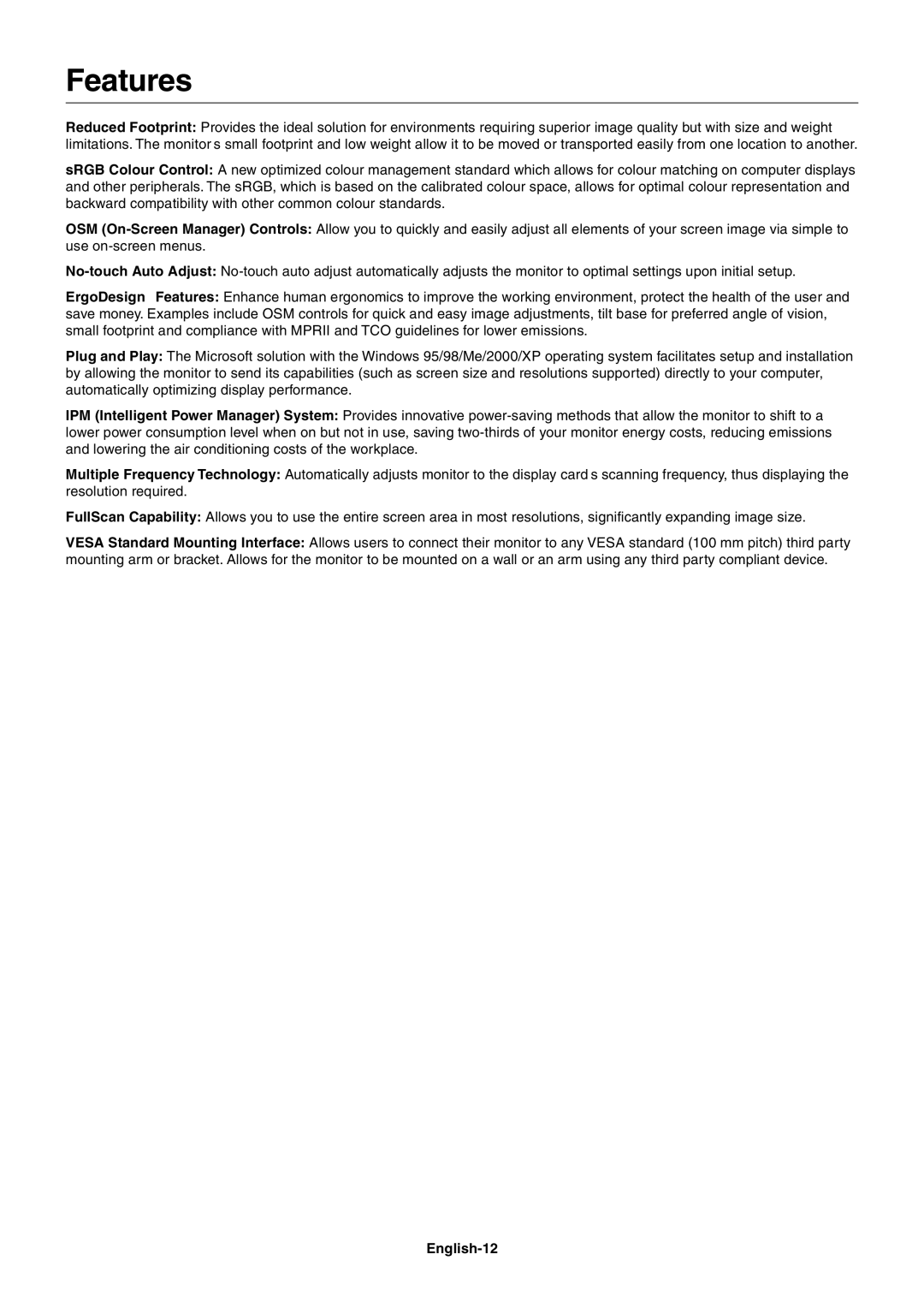 NEC LCD1701 user manual Features, English-12 