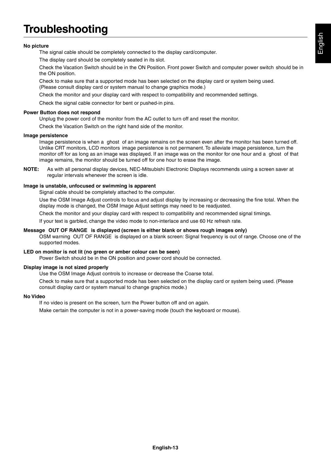 NEC LCD1701 user manual Troubleshooting 