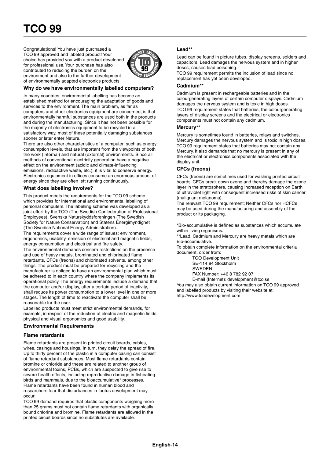 NEC LCD1701 user manual TCO’99 