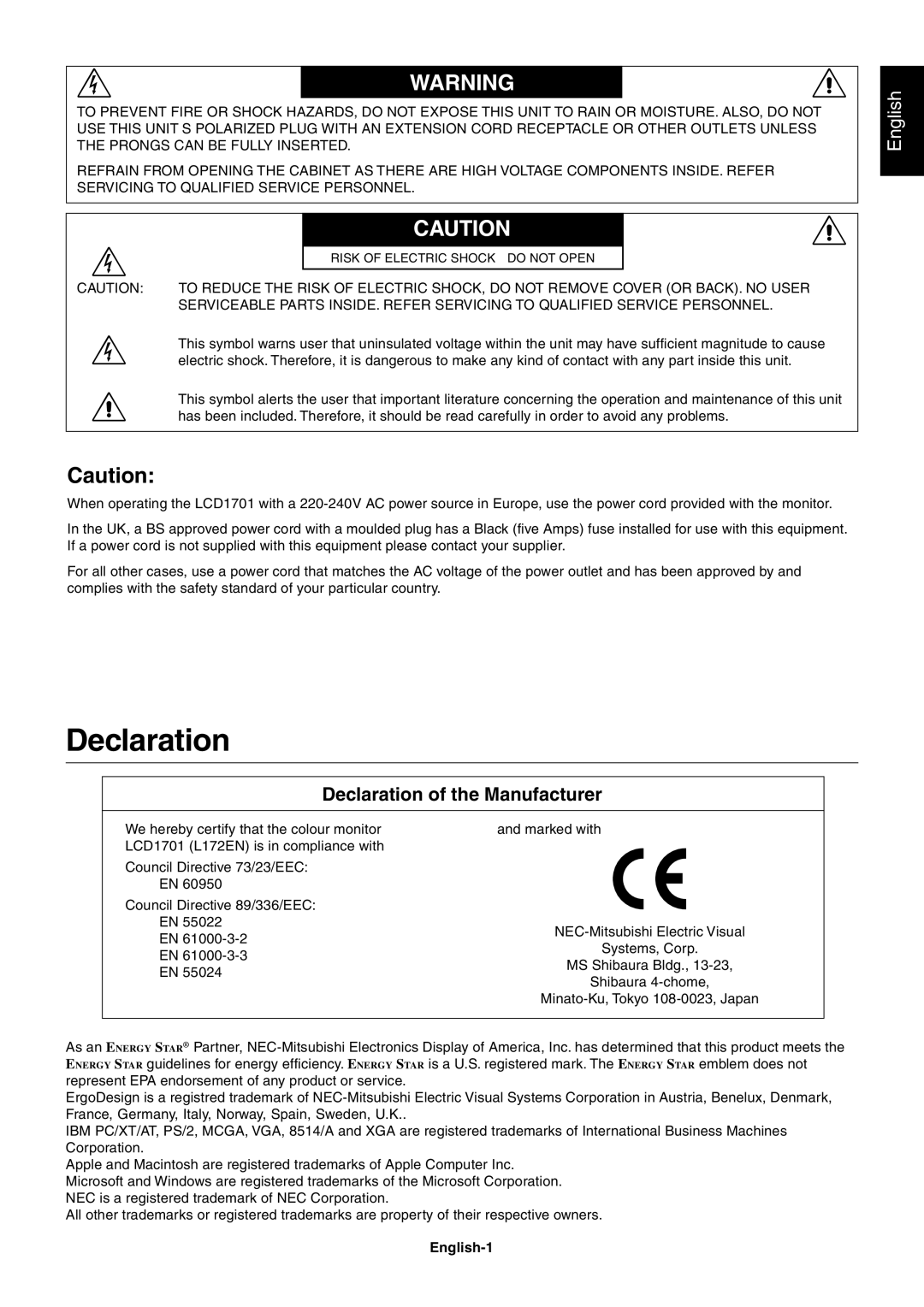 NEC LCD1701 user manual Declaration of the Manufacturer, English-1 