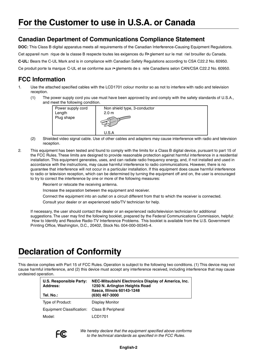 NEC LCD1701 user manual For the Customer to use in U.S.A. or Canada, Declaration of Conformity, FCC Information, English-2 