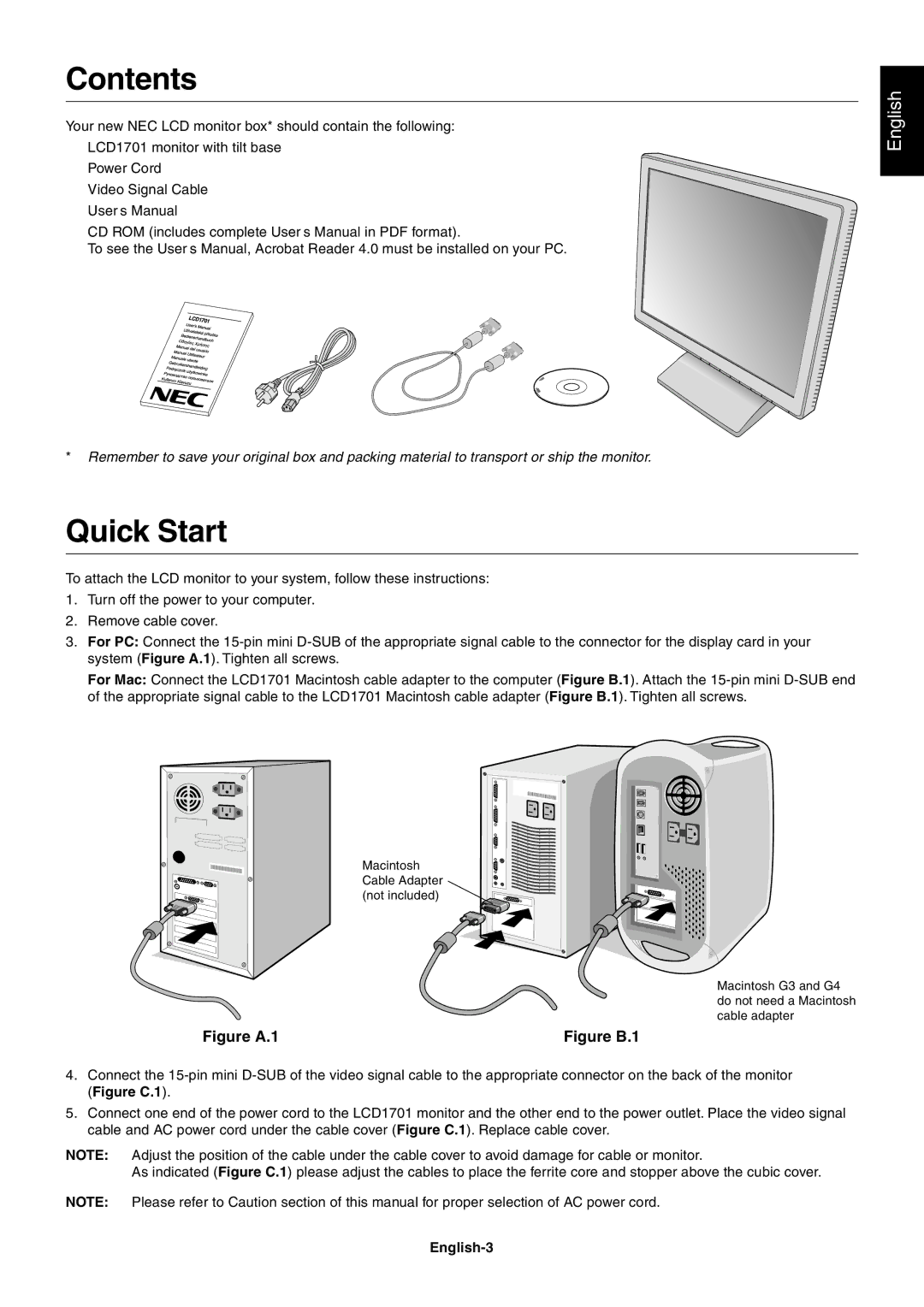 NEC LCD1701 user manual Contents, Quick Start 