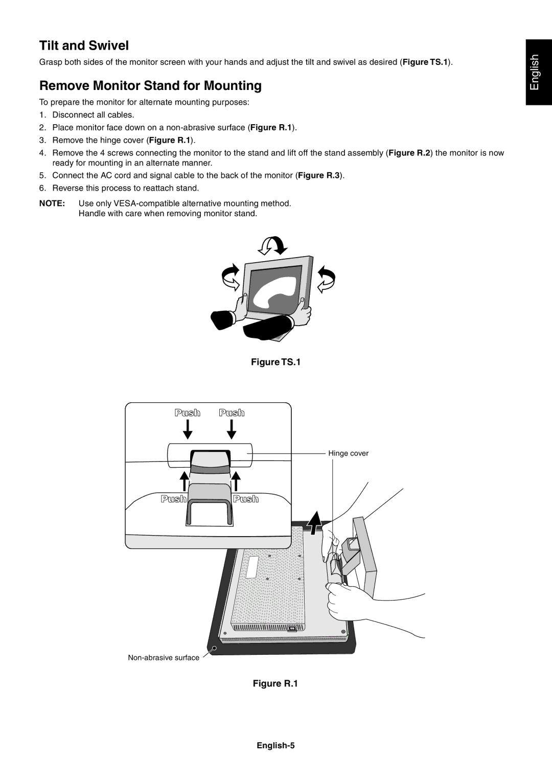 NEC LCD1701 user manual Tilt and Swivel, Remove Monitor Stand for Mounting, English-5 