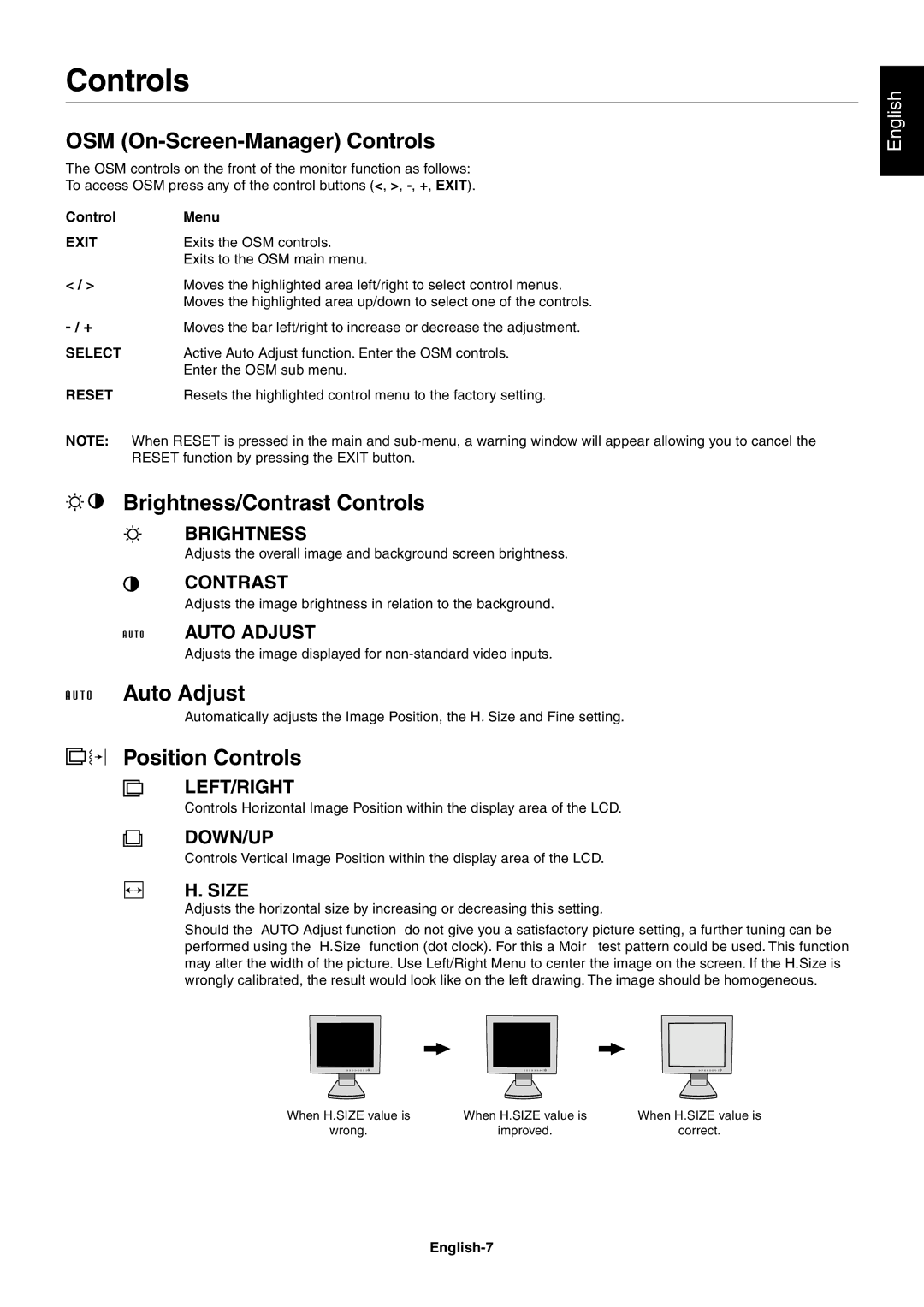 NEC LCD1701 user manual OSM On-Screen-Manager Controls, Brightness/Contrast Controls, Auto Adjust, Position Controls 