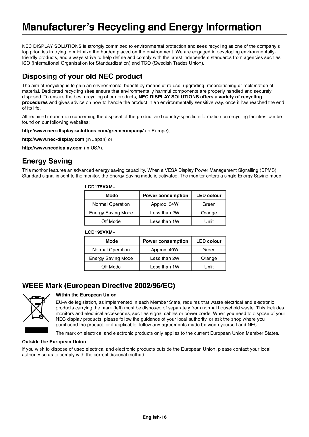 NEC LCD175VXM+ ManufacturerÕs Recycling and Energy Information, Disposing of your old NEC product, Energy Saving 