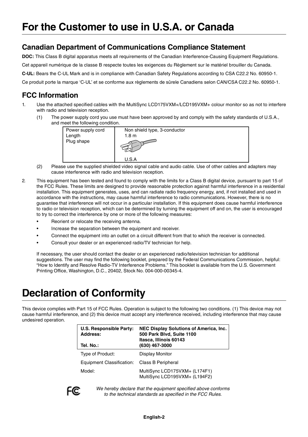NEC LCD175VXM+ user manual For the Customer to use in U.S.A. or Canada, Declaration of Conformity, FCC Information 