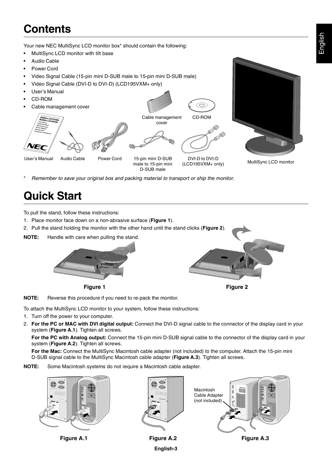 NEC LCD175VXM+ user manual Contents, Quick Start, English, Figure A.1, Figure A.2, Figure A.3 