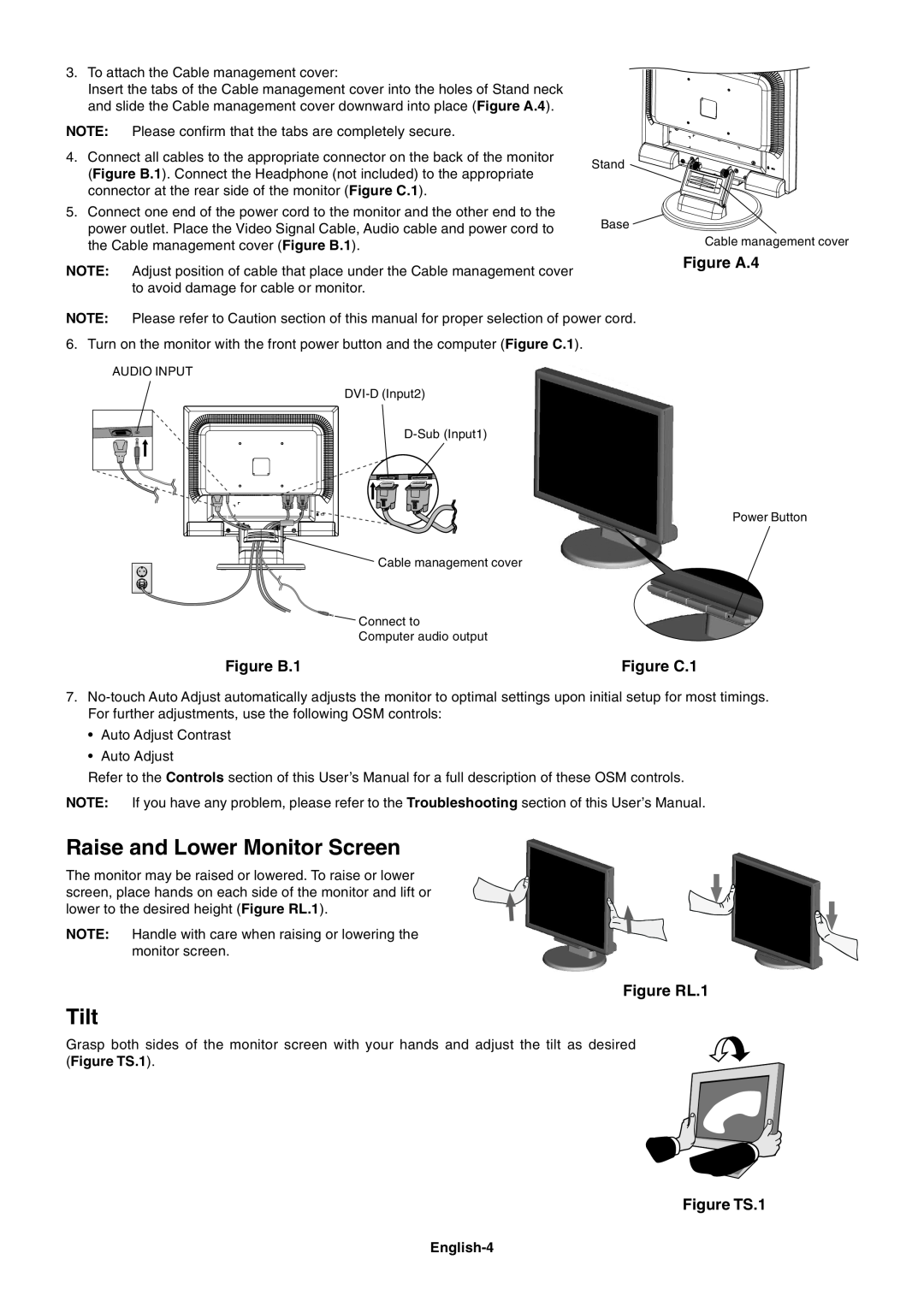 NEC LCD175VXM+ Raise and Lower Monitor Screen, Tilt, Figure A.4, Figure B.1, Figure C.1, Figure RL.1, Figure TS.1 