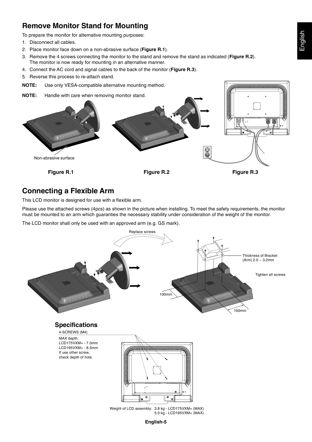 NEC LCD175VXM+ Remove Monitor Stand for Mounting, Connecting a Flexible Arm, English, Figure R.1, Figure R.2, Figure R.3 