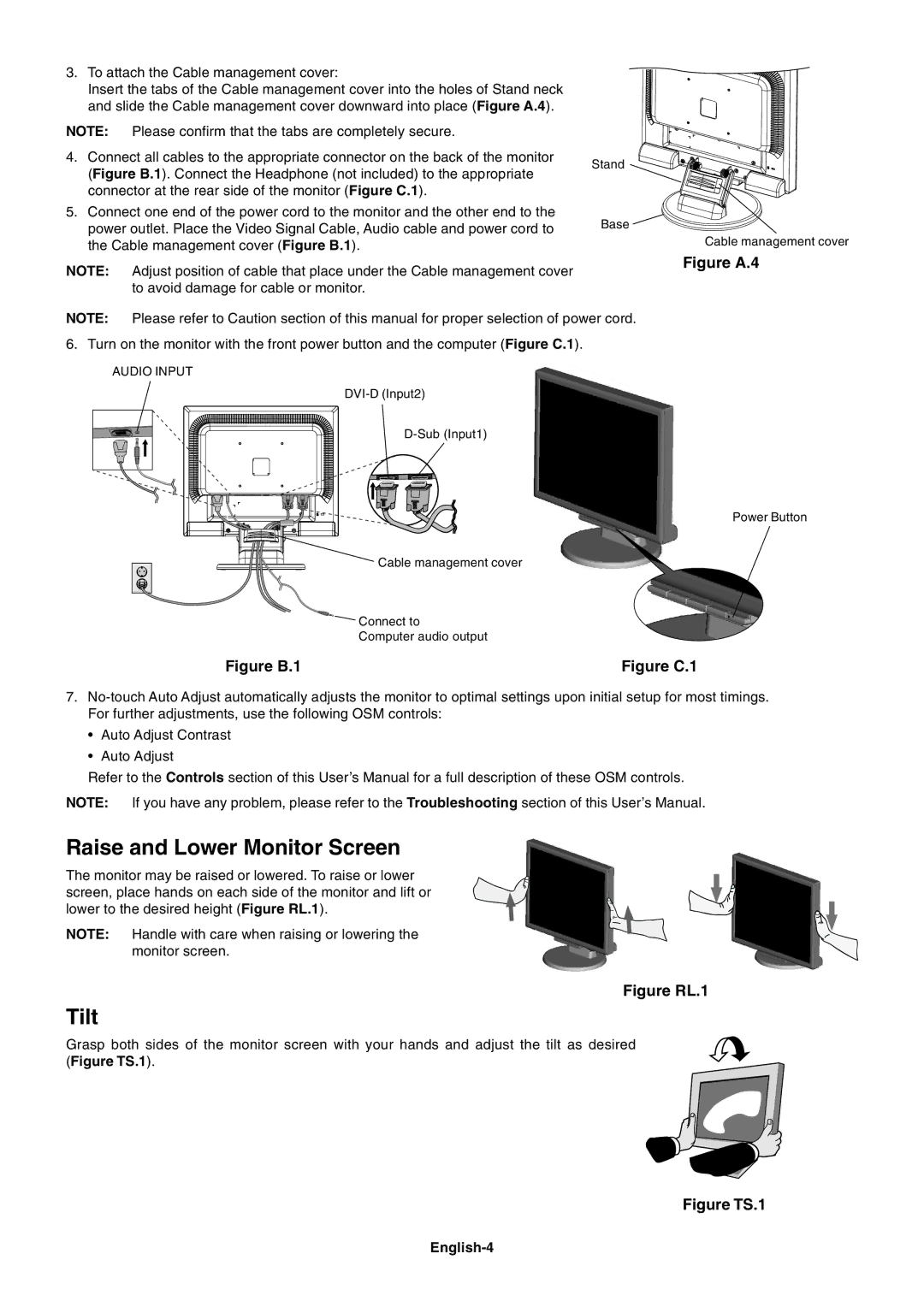 NEC LCD175VXM+ user manual Raise and Lower Monitor Screen, Tilt, English-4 