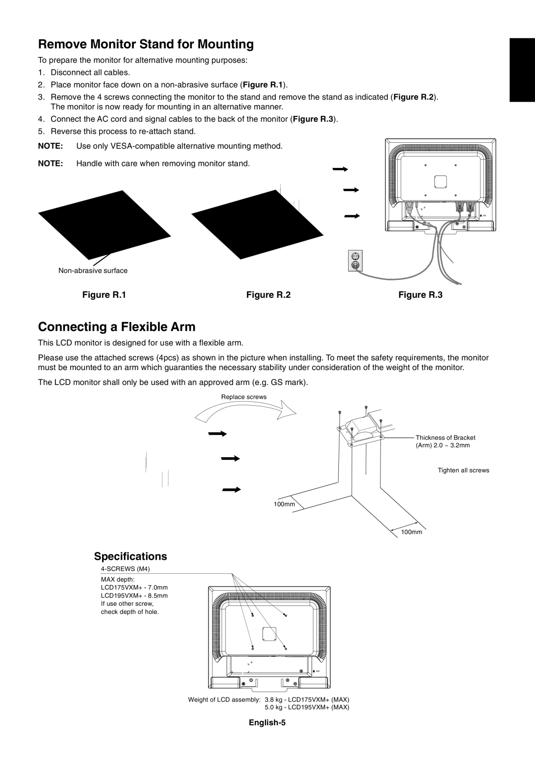 NEC LCD175VXM+ user manual Remove Monitor Stand for Mounting, Connecting a Flexible Arm, English-5 