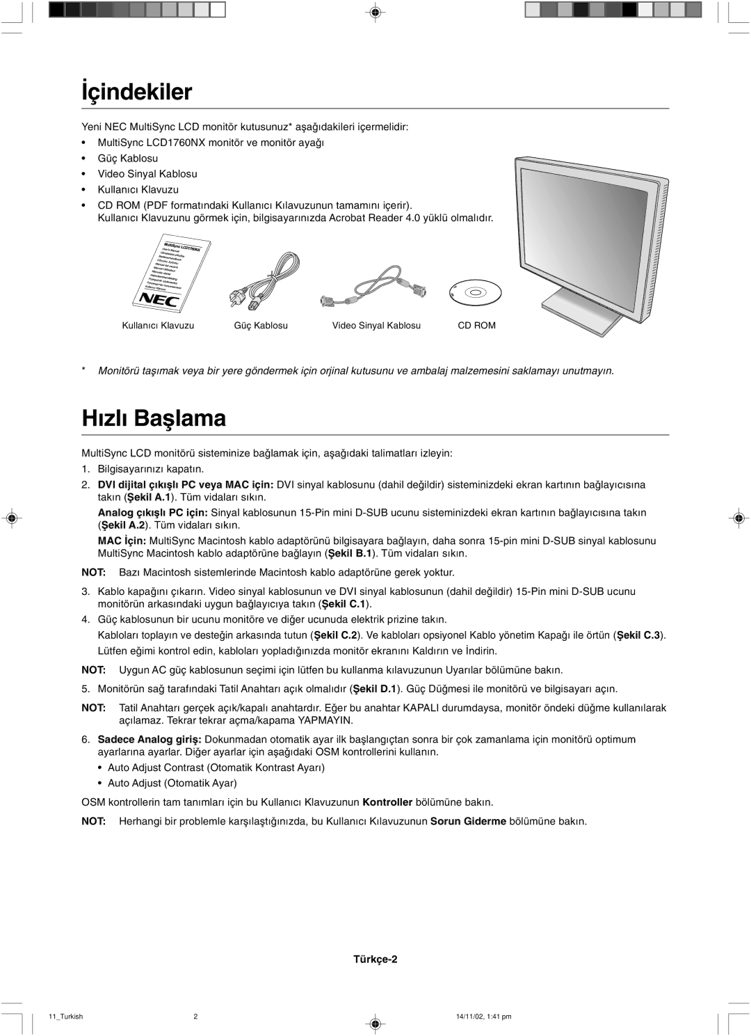 NEC LCD1760NX user manual ∑çindekiler, ∂zl∂ Baµlama, Türkçe-2 