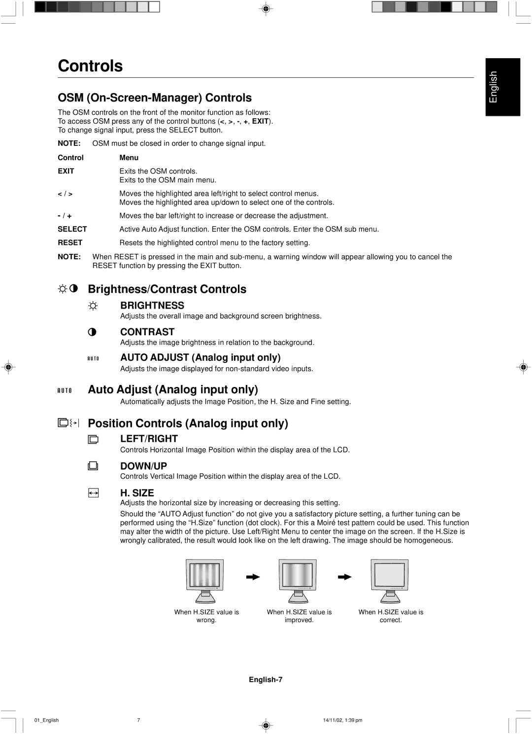 NEC LCD1760NX user manual OSM On-Screen-Manager Controls, Brightness/Contrast Controls, Auto Adjust Analog input only 