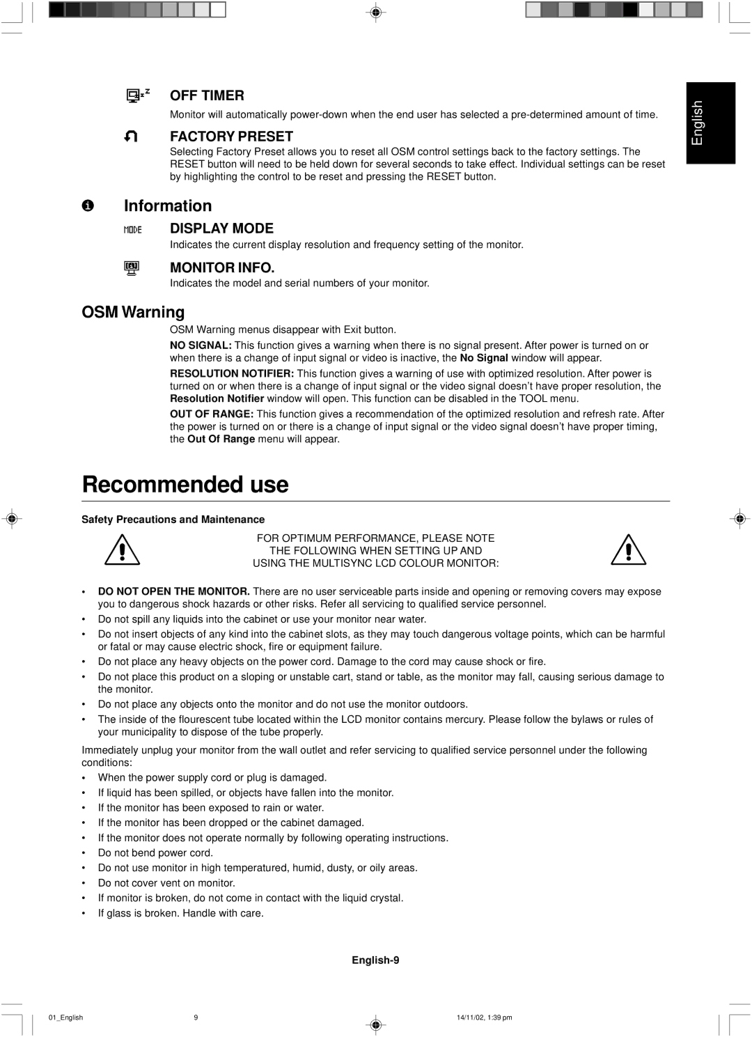 NEC LCD1760NX user manual Recommended use, Information, OSM Warning 