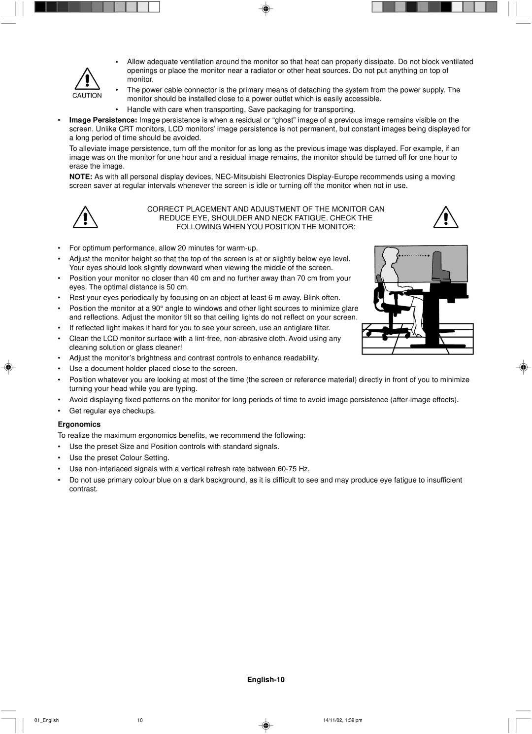 NEC LCD1760NX user manual Ergonomics, English-10 