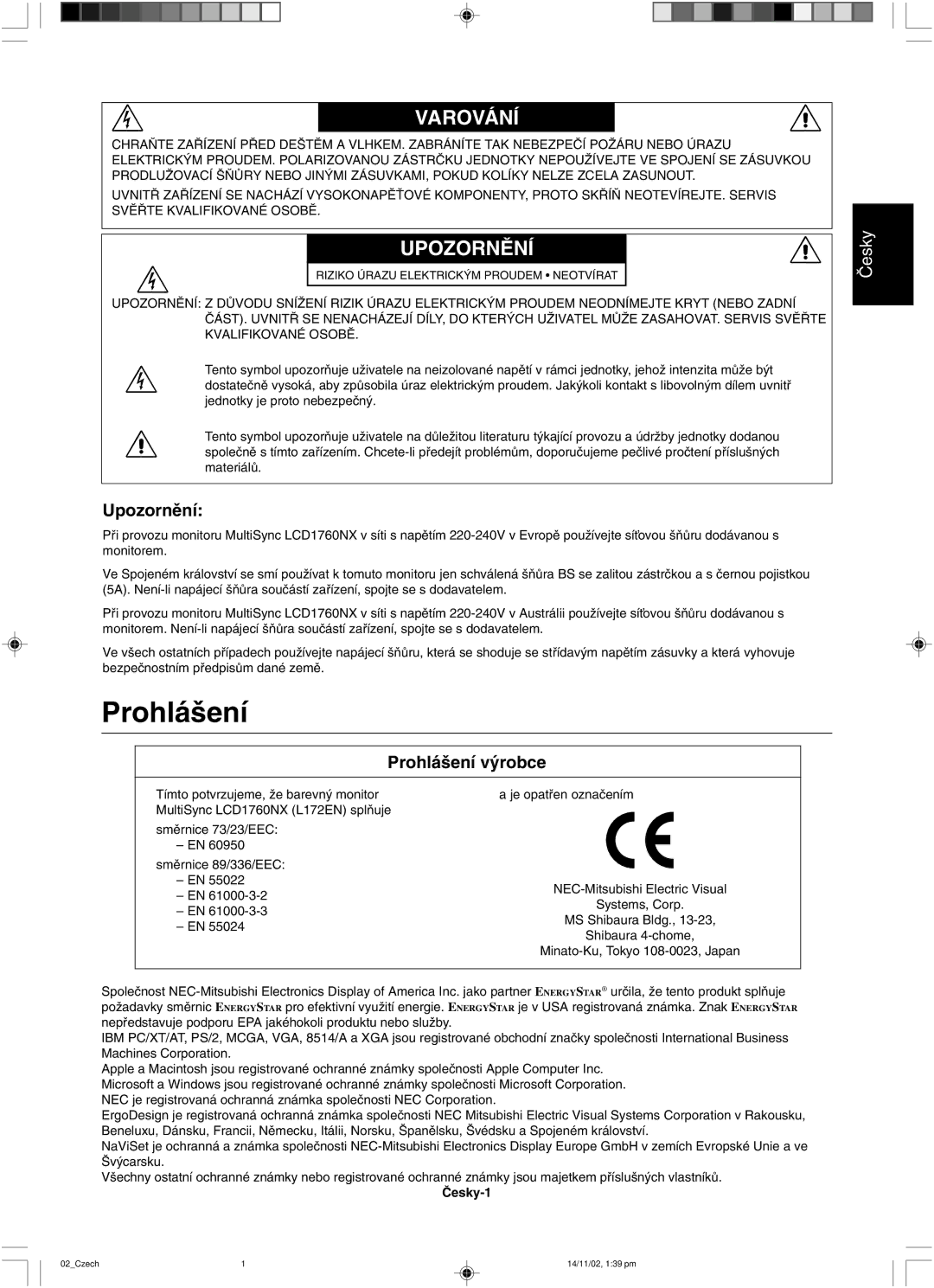 NEC LCD1760NX user manual Prohlá‰ení 