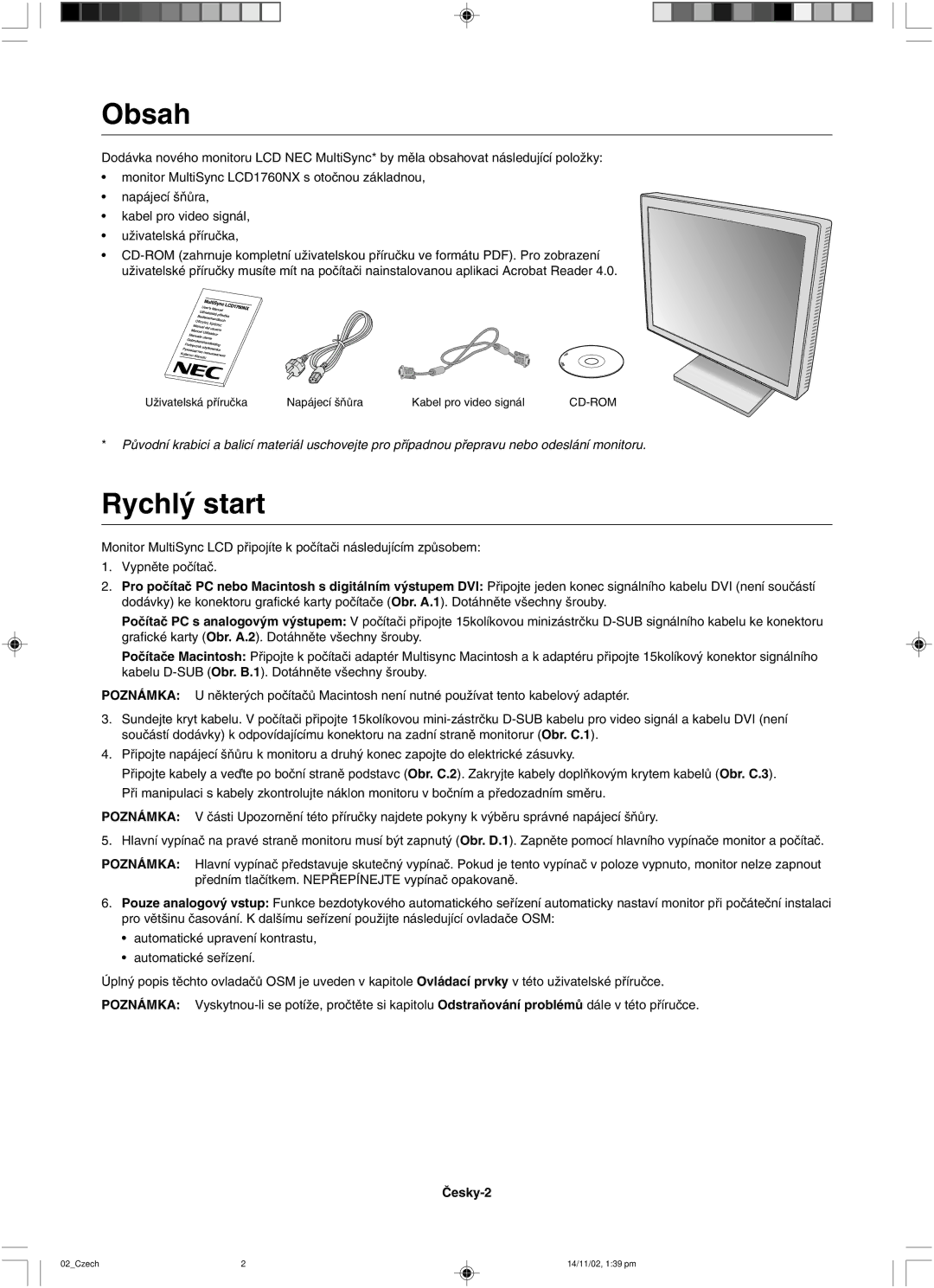 NEC LCD1760NX user manual Obsah 