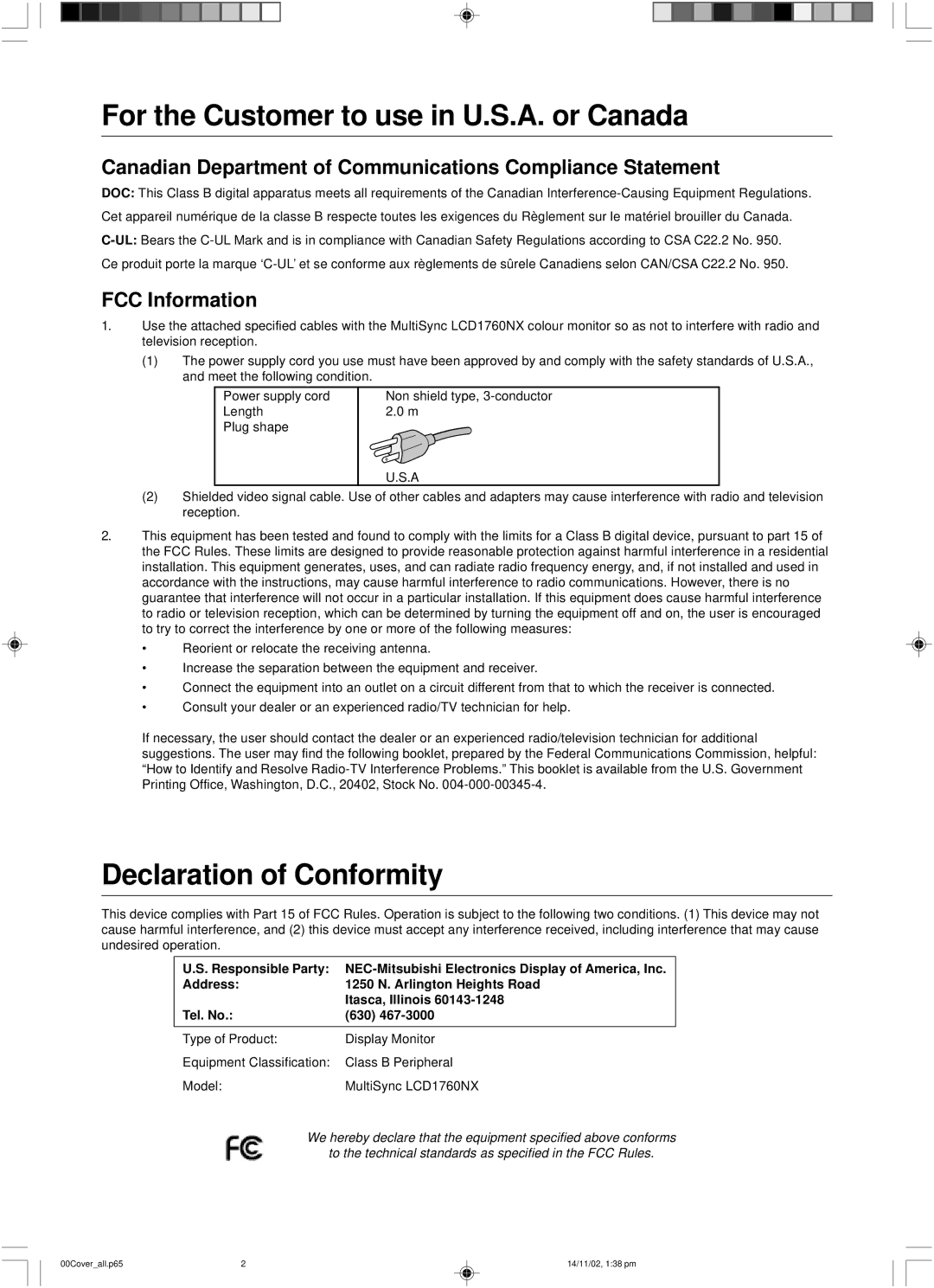 NEC LCD1760NX user manual For the Customer to use in U.S.A. or Canada, Declaration of Conformity, FCC Information 