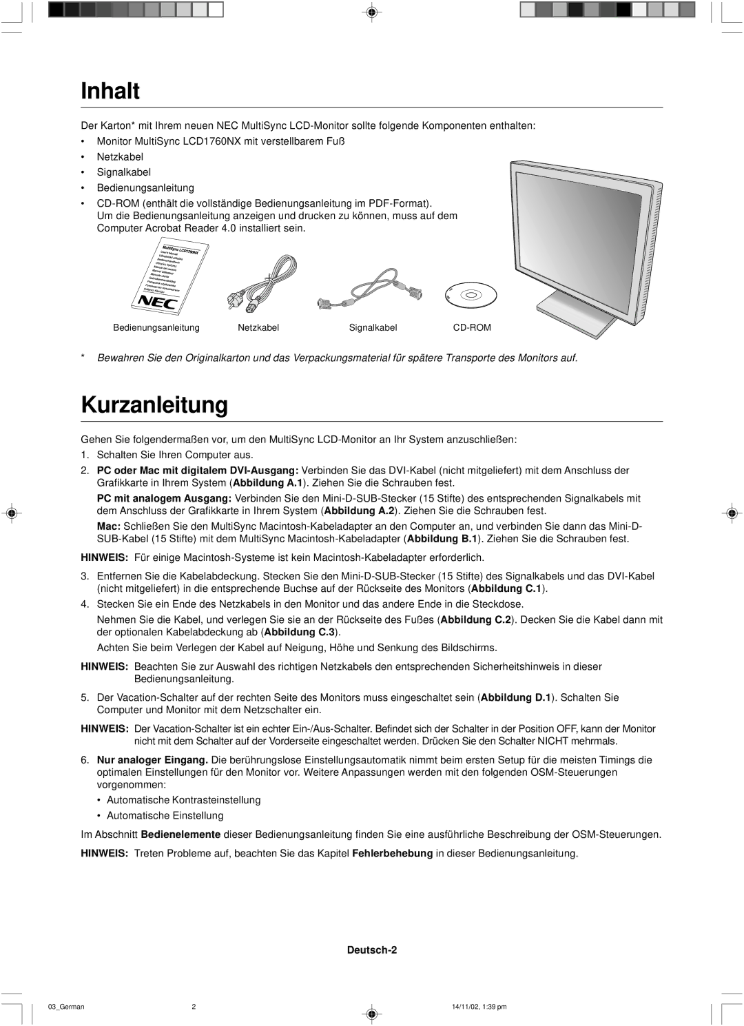 NEC LCD1760NX user manual Inhalt, Kurzanleitung, Deutsch-2 