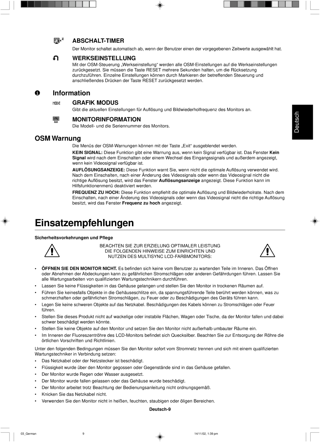 NEC LCD1760NX user manual Einsatzempfehlungen, OSM Warnung 